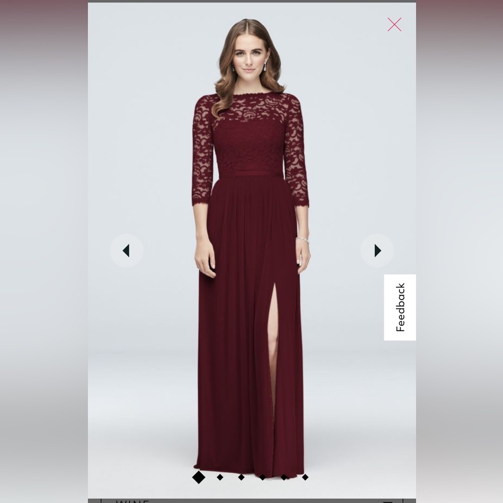 DAVID'S BRIDAL three-quarter lace and mesh bridesmaid dress

STYLE# F19908